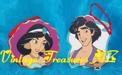 Image for Aladdin & Princess Jasmine Kurt S. Adler/The Walt Disney Company Handcrafted Wooden Christmas Ornaments Pair Vintage ca 1992 <b><span style='color:red'> USPS 1st CLASS SHIPPING INCLUDED – DOMESTIC ORDERS ONLY!</span></b><span style='color:purple'>